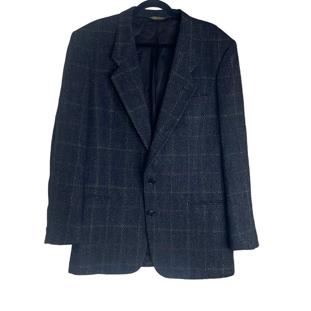 Pierre Cardin 42R Vintage 100% Wool Blazer Jacket‎ Gray Windowpane Two Button